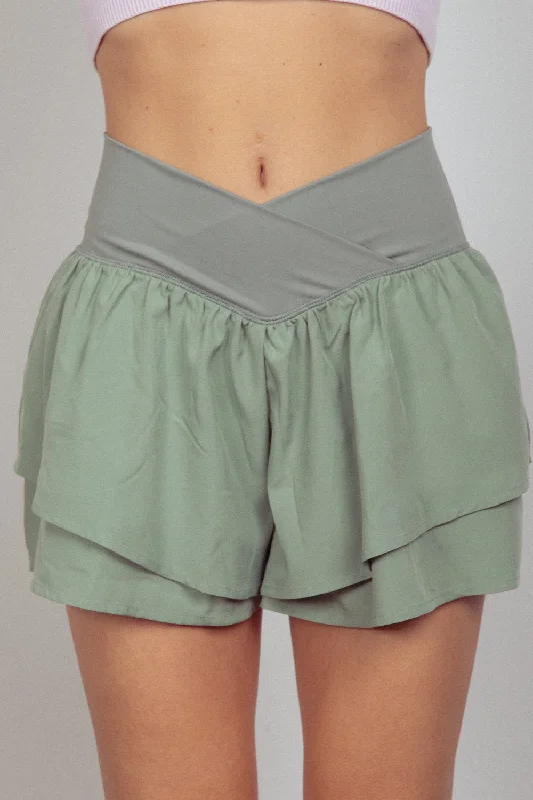 First Order Discount Hot Girl V-Shaped High Waist Layered Active Shorts In Sage