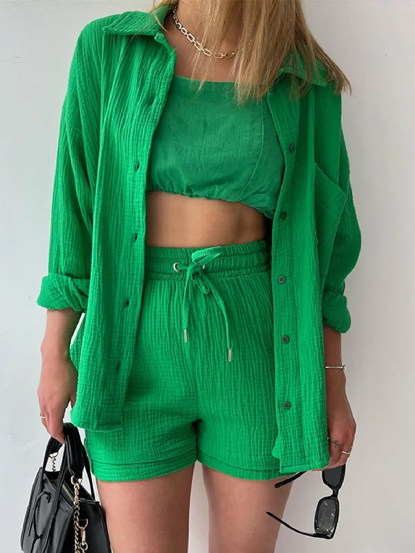 Romantic Date - Night Ensemble Hot Girl Soft Rayon Textured Button Up Shirt and Drawstring Shorts Two Piece Set