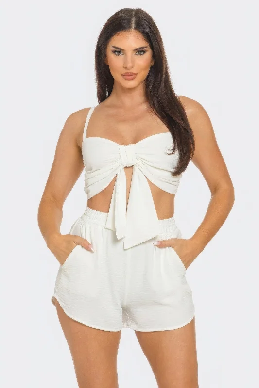 Fashion Sale Hot Girl Oversized Bow Twisted Top And Shorts Two Piece Set In Ivory