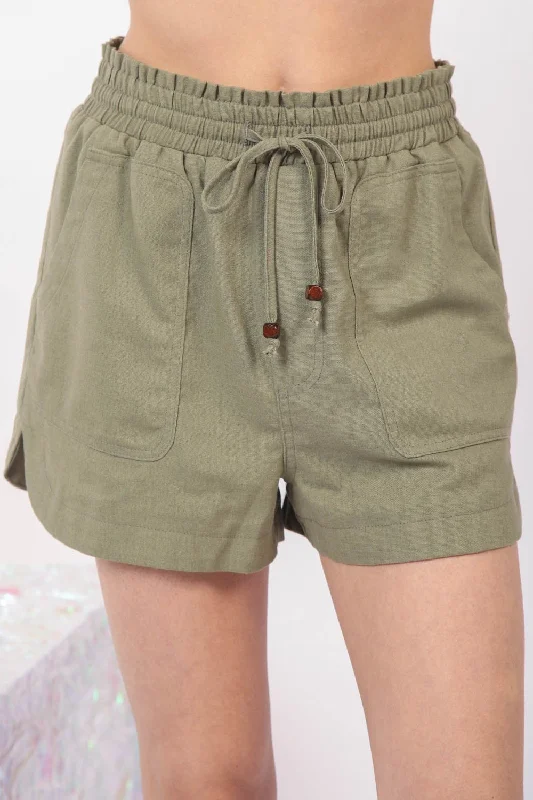 Trendy Styles Hot Girl Drawstring Elastic Waist Linen Shorts In Olive