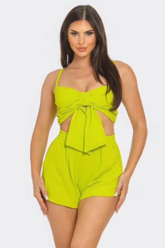 Father's Day Deals Hot Girl Oversized Bow Twisted Top And Shorts Two Piece Set In Lime