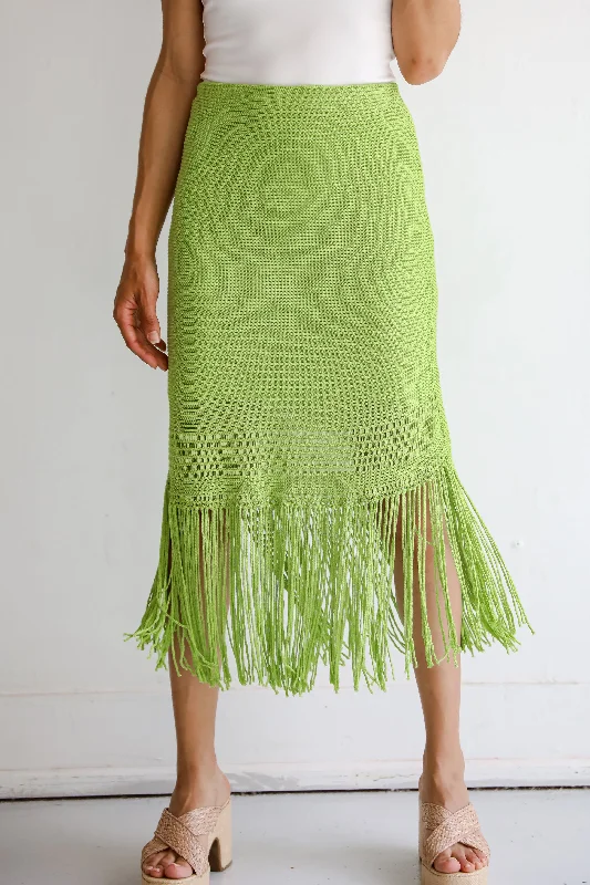 Vintage Style Clothing Sale FINAL SALE - Sunshine Loving Lime Knit Fringe Midi Skirt