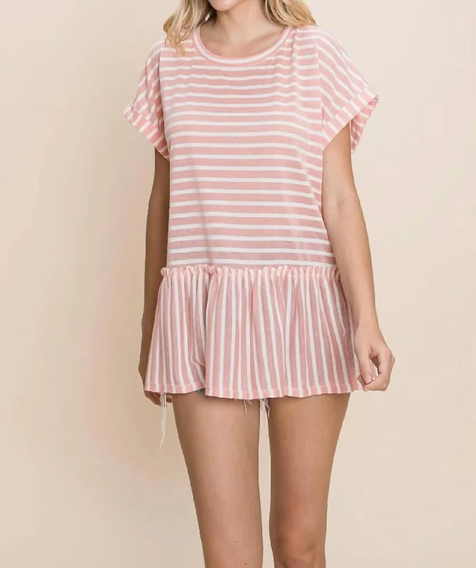 Mother's Day Special Striped Ruffled Short Sleeve Top In Coral