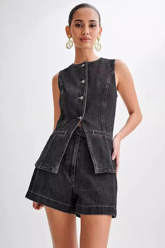 Casual Chic Hot Girl Denim Buttoned Sleeveless Top And Shorts Two Piece Set