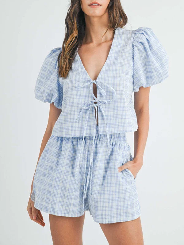 Wardrobe Refresh Hot Girl Pretty In Plaid Puff Sleeve Tied Top and Shorts Set