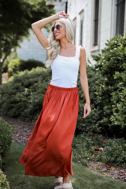 Chic And Edgy Lovely Intent Rust Satin Midi Skirt