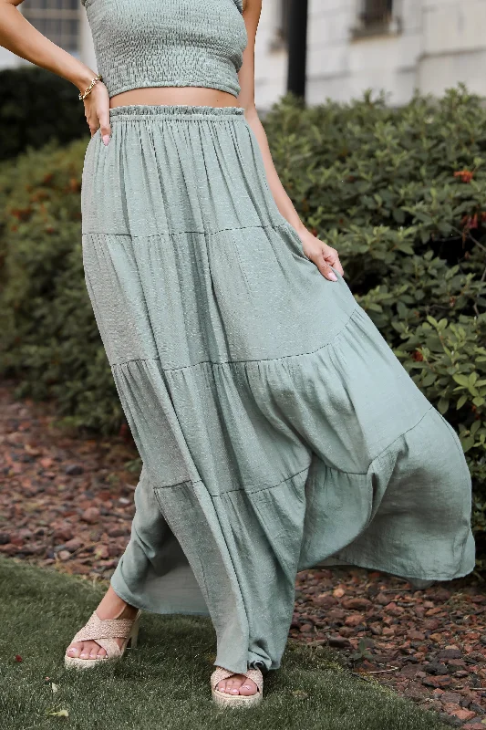 Trend Setting Threads Goddess Vibes Light Olive Tiered Maxi Skirt - DU DEAL