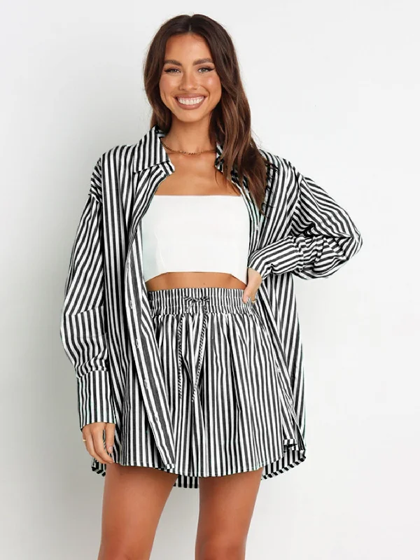 Boho - Chic Festival - Ready Style Hot Girl Striped Button Up Shoulder Shirt and Shorts Two Piece Set