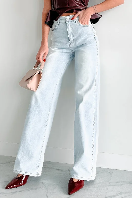 Huge Savings On Parisian Styles Cynthia High Rise Pearl Detail Vibrant Wide Leg Jeans (Light Stone)