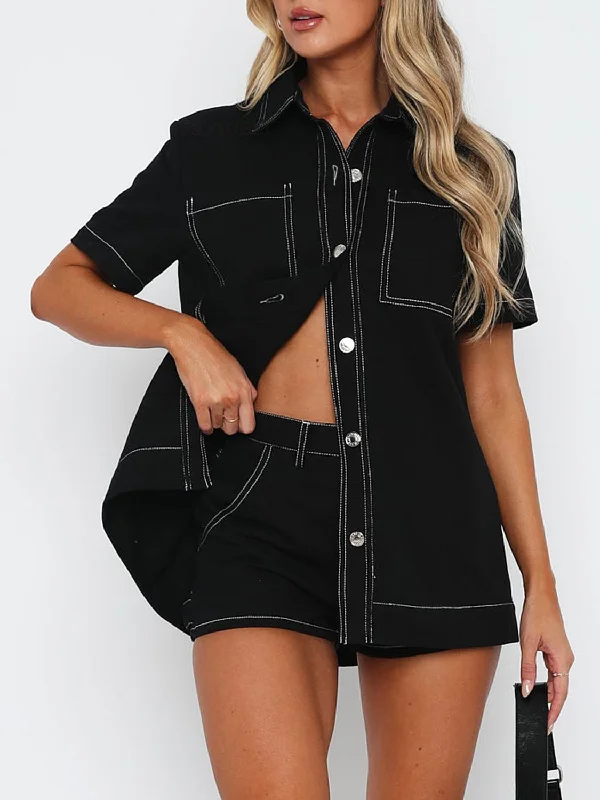 Spring Fashion Hot Girl Pocketed Button Up Top and Shorts Two Piece Set