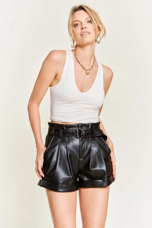 Casual Fashion Hot Girl High Waisted Belted Faux Leather Shorts