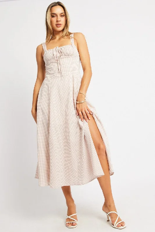 Limited Time Special Offer Beige Check Midi Dress Gathered Bust