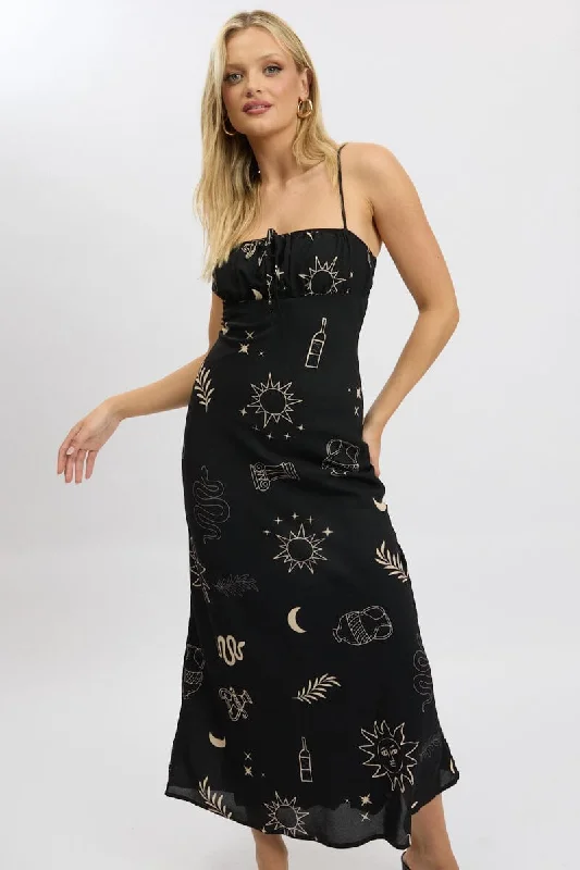 Romantic Detailing Black Abstract Midi Dress Strappy