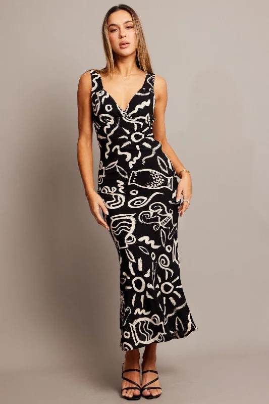 Save On Classic Elegant Styles Black Abstract Slip Dress Maxi