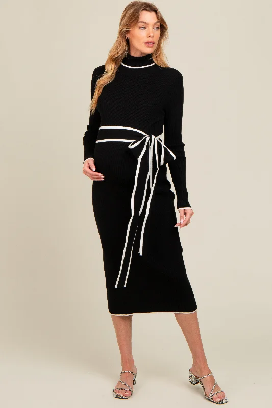 Trendy Pulse Black Contrast Trim Turtleneck Maternity Sweater Dress