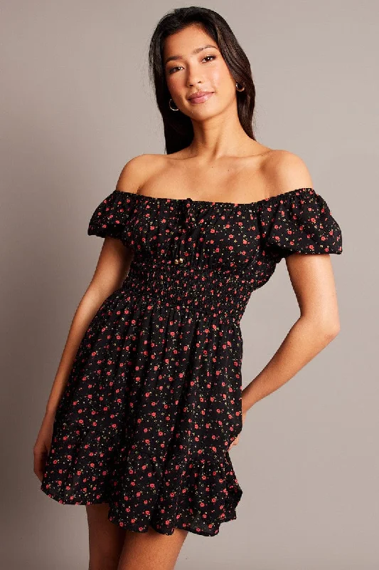 Unleash Your Style Black Ditsy Fit And Flare Dress Mini