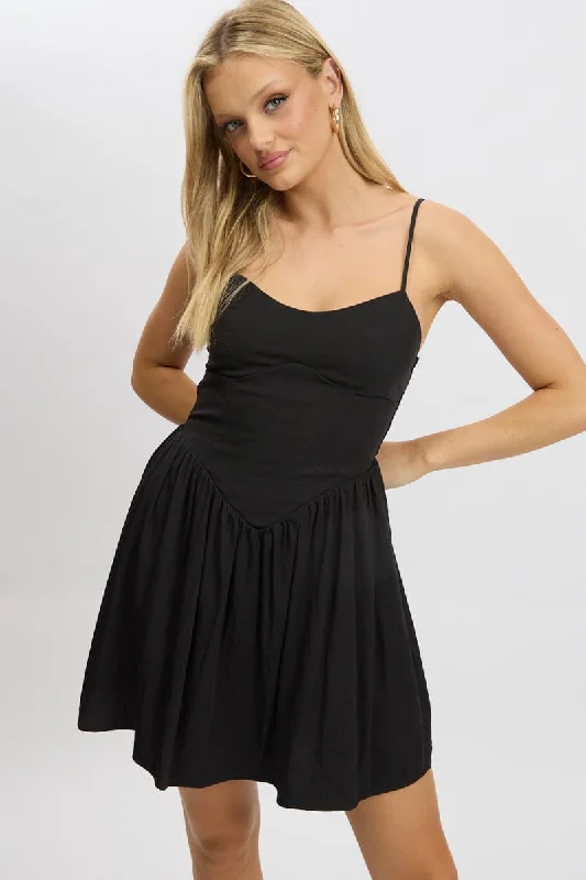 Fashion Forward Style Black Fit And Flare Dress Drop Waist Mini