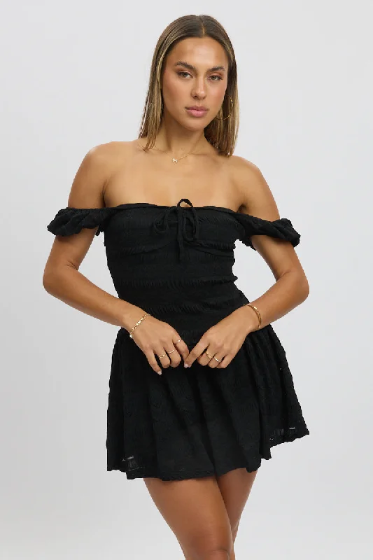 Spring Fling Sale Black Fit And Flare Dress Drop Waist Mini