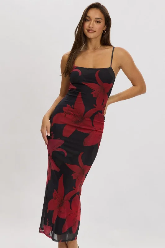 The Latest Fashion Trends Black Floral Bodycon Dress Maxi Mesh