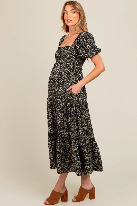 Big Discounts Black Floral Leopard Print Maternity Midi Dress