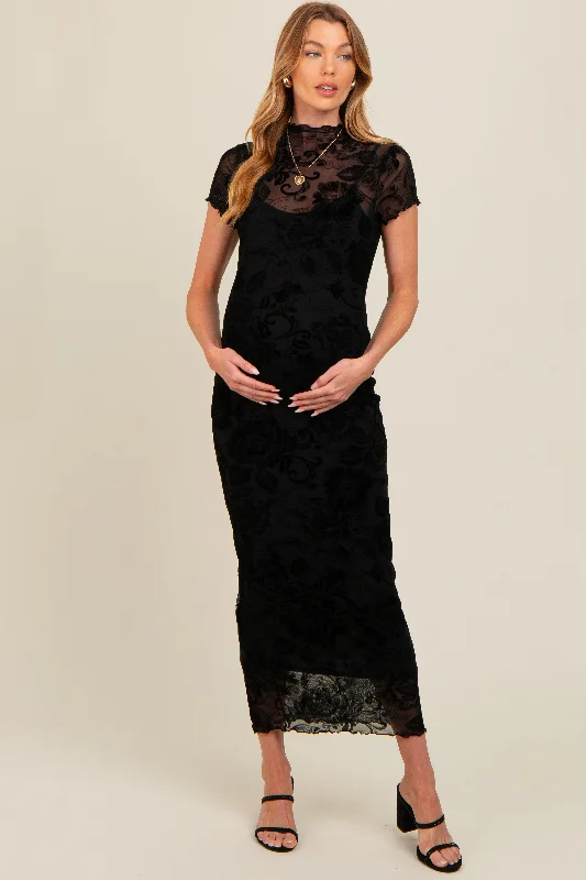 Trendsetting Threads Black Floral Mesh Overlay Fitted Maternity Maxi Dress