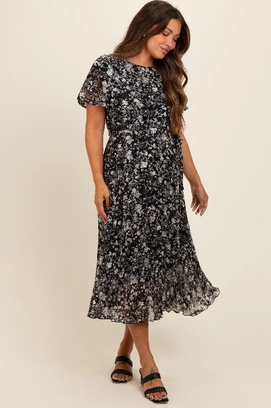 Flash Sales Black Floral Pleated Maternity Midi Dress