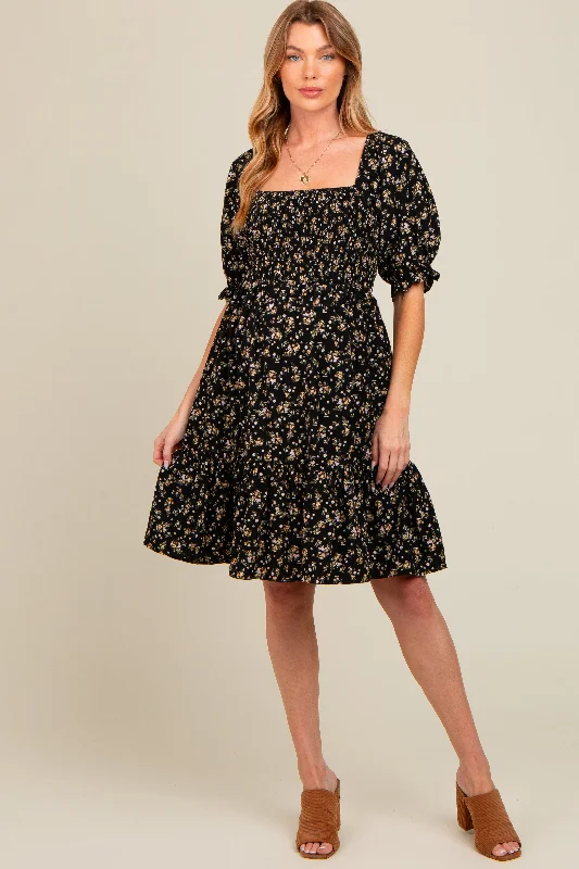 Stylish Statements Black Floral Smocked Puff Sleeve Maternity Dress