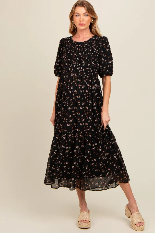 Chic Trends For The Fashion Savvy Black Floral Smocked Sash Tie Maternity Midi Dress