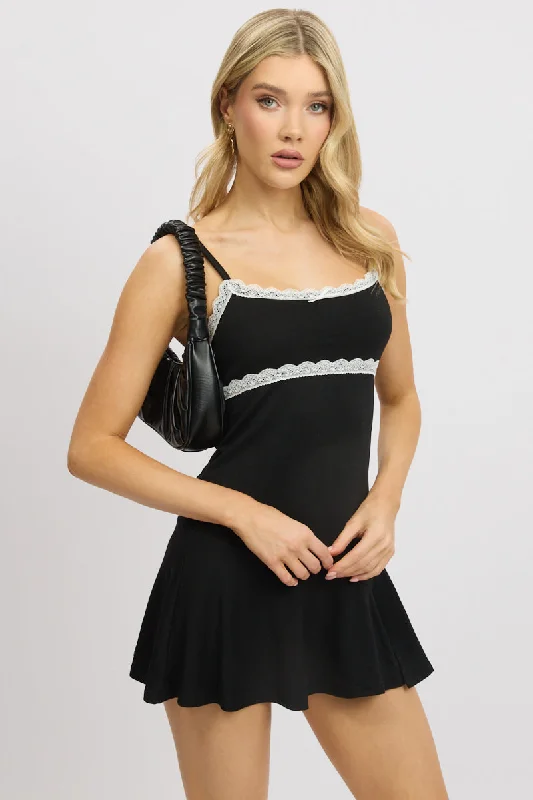 Budget Friendly Black Mini Dress Lace Trim