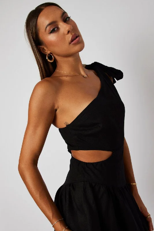 Style Beyond Borders Black One Shoulder Dress Bow Cut Out Swishy Dress