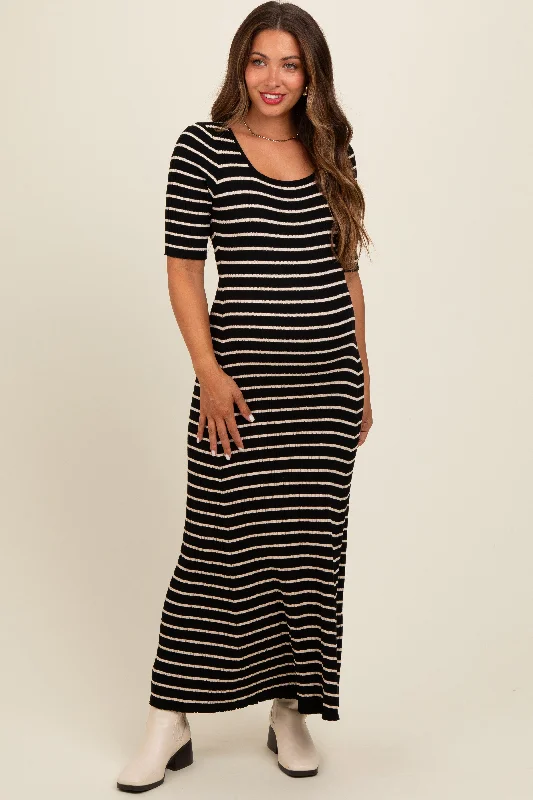 Flash Sale Now Black Striped Ribbed Short Sleeve Maternity Maxi Dress