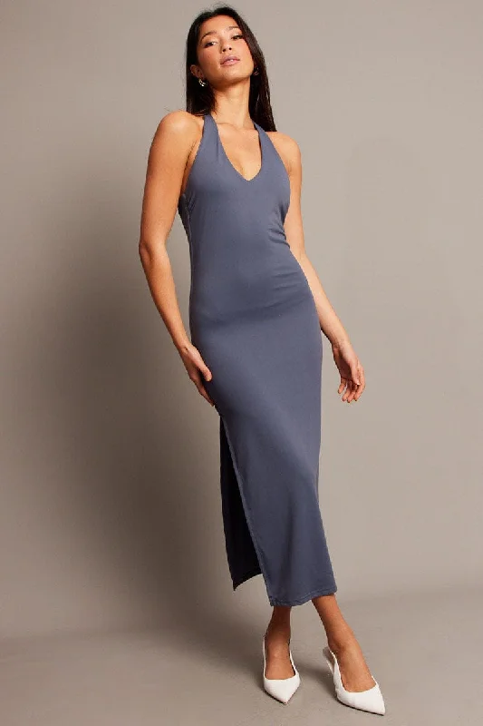 Modern Glamour Blue Bodycon Dress Halter Neck