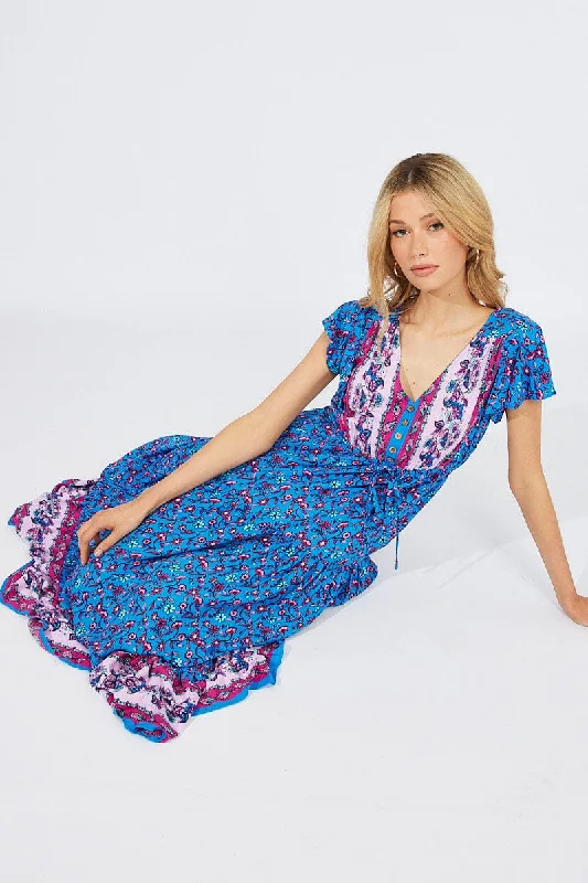 Trendy Street Style Attire Blue Boho Maxi Dress Short Sleeve