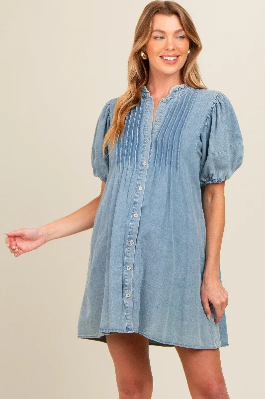 Holiday Attire Sale Blue Button Down Puff Sleeve Maternity Dress