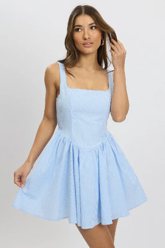 Chic And Trendy Blue Check Fit And Flare Dress Mini