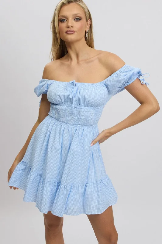 Clearance Event Blue Check Fit And Flare Dress Puff Sleeve Mini