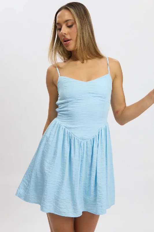 Everyday Glamour Blue Fit And Flare Dress Drop Waist Mini