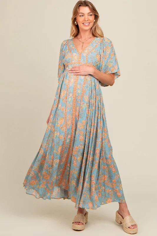 Elegant Simplicity Wardrobe Blue Floral Border Print Flutter Sleeve Maternity Maxi Dress