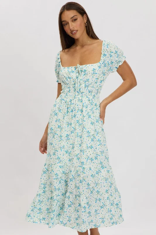 New Season Fashion Preview Blue Floral Maxi Dress Puff Sleeve