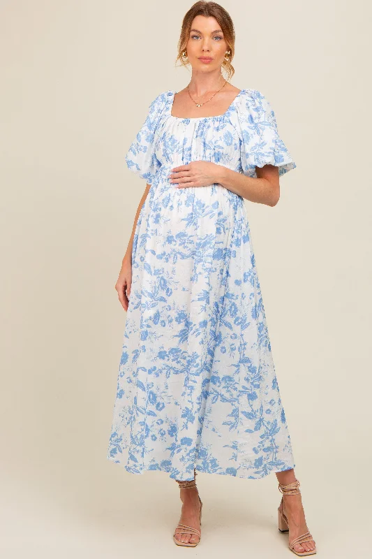 Ride The Style Wave Blue Floral Puff Sleeve Maternity Midi Dress