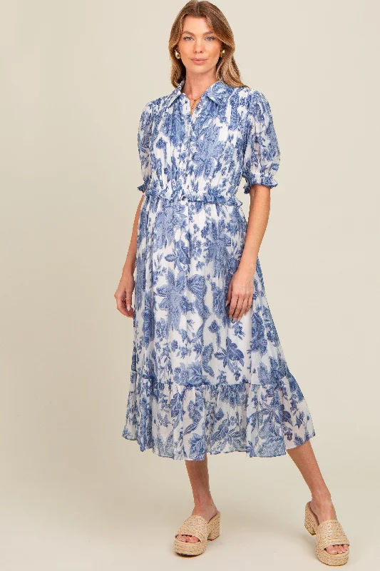 Luxury Style Blue Floral Ruffle Accent Button Up Maternity Midi Dress