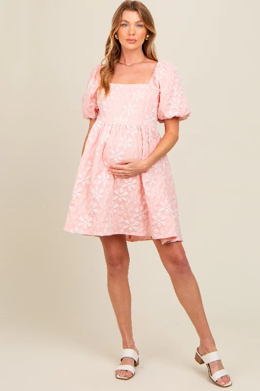 Comfort First Women's Wear Blush Floral Embossed Puff Sleeve Maternity Dress