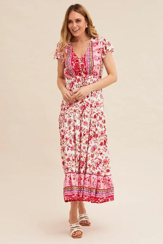 Top Deals Boho Print Maxi Dress Short Sleeve V-Neck