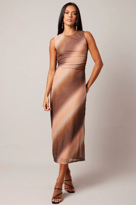 Evening Elegance Brown Abstract Bodycon Dress Round Neck Sleeveless Mesh