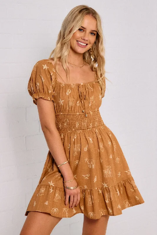 Embrace New Fashion Brown Abstract Fit And Flare Dress Mini