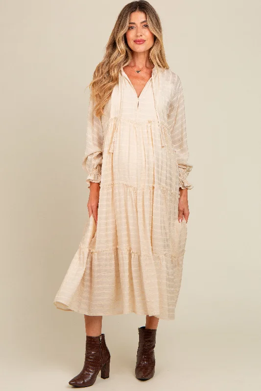 Hollywood Glam Award - Show Style Cream Striped Front Tassel Tie Tiered Maternity Midi Dress