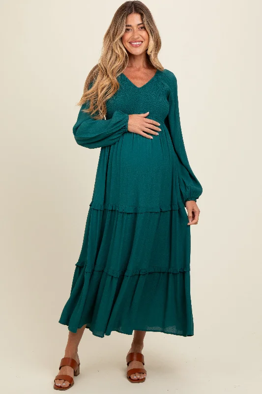 New Styles Just In Emerald Smocked Tiered Maternity Midi Dress