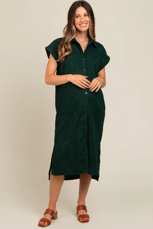 Classic Charm Forest Green Corduroy Button Down Maternity Midi Dress