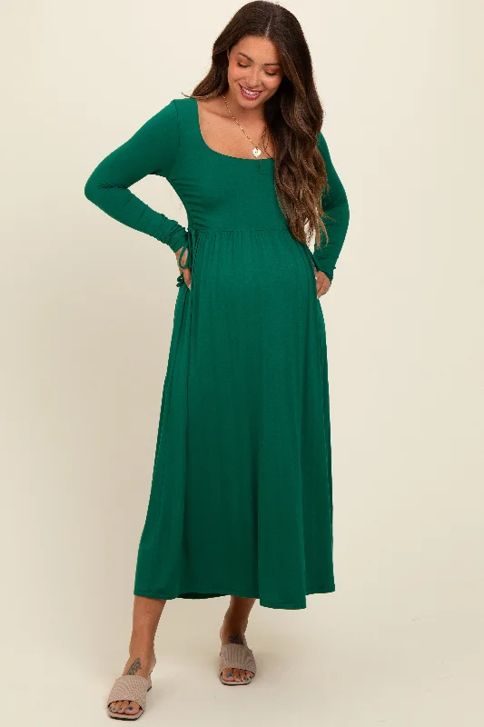 Fashion Deal Forest Green Square Neck Long Sleeve Maternity Midi Dress