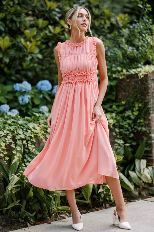 Sale Event, Prices Rock Graceful Gathering Pink Coral Sleeveless Midi Dress